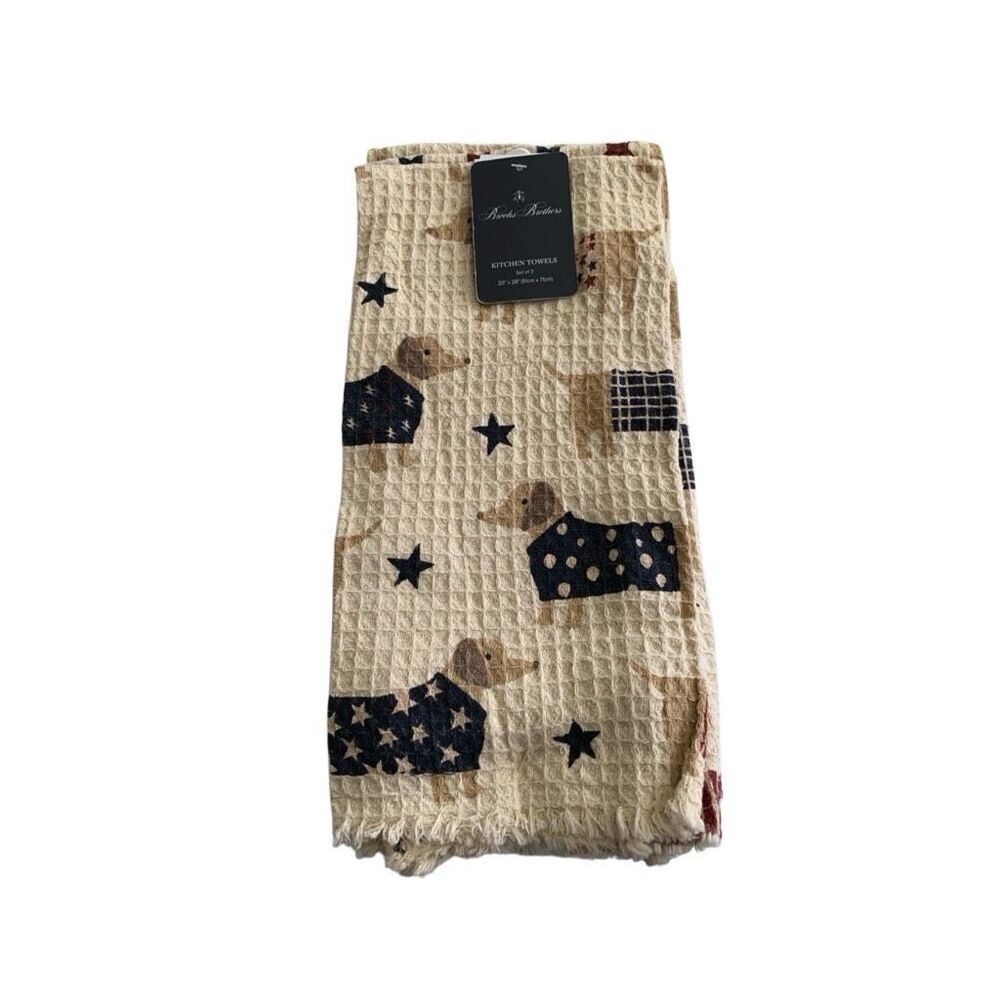 Brooks Brothers Beige Patriotic Dachshund Waffle Knit Kitchen Towels Set of 3